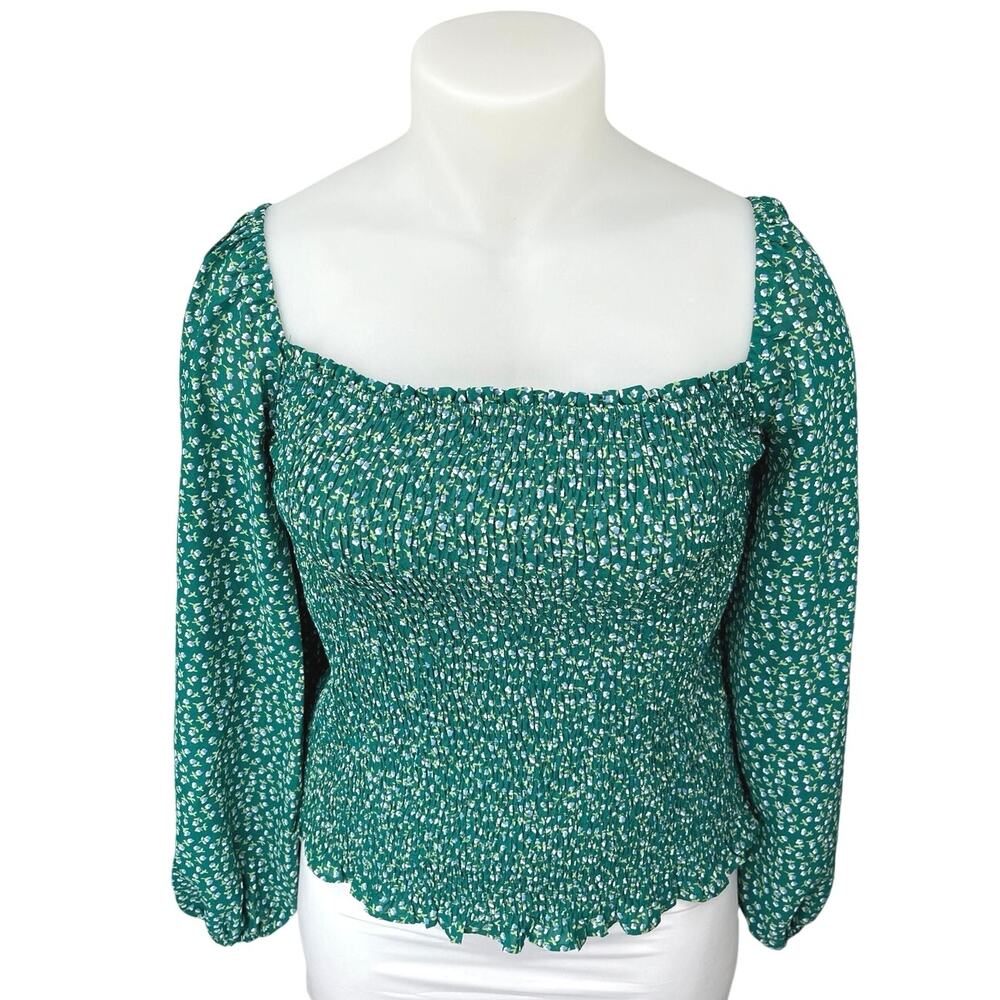 Green White Floral Smocked Puff Long Sleeve Square Neck Blouse Top Size XXL